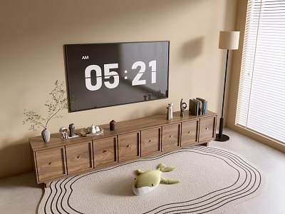 Modern Wooden Console And Side Cabinet Under TV With Decorations Floor Lamp And Rug 3d model