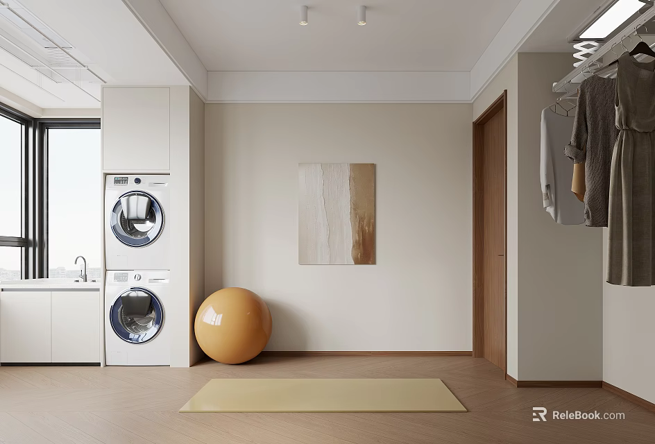 Modern Home Balcony Design With Washing Machine Yoga Ball Mat Hanging Clothes And Decorative Painting 3d model 
