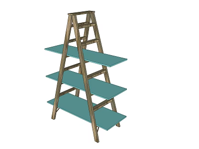 Wooden Ladder Shelf With Three Blue Tiers For Home Storage And Organization 3d model