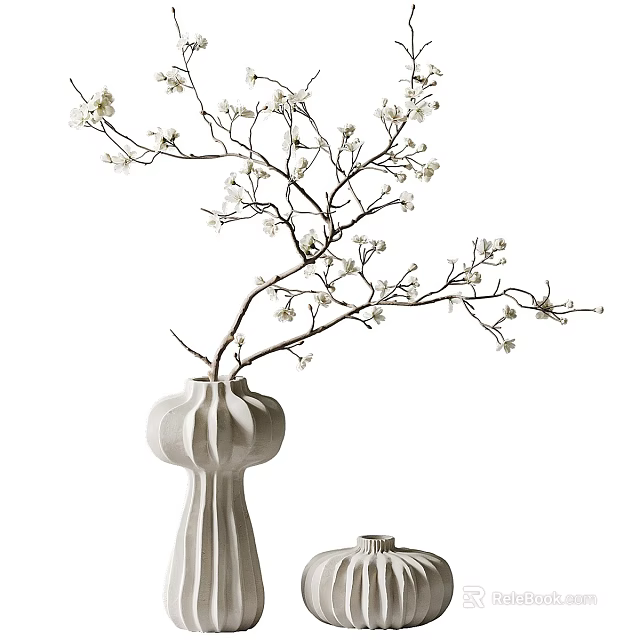 White Striped Ceramic Vase with Elegant White Flower Branches and Small Decorative Vase 3d model 