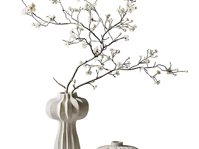 White Striped Ceramic Vase with Elegant White Flower Branches and Small Decorative Vase 3d model