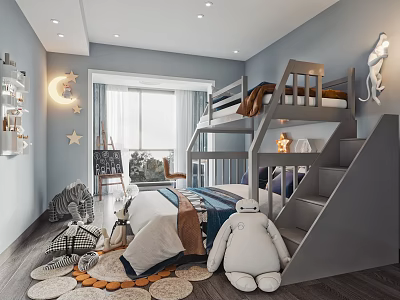 Kids Room Interior With Blue Walls Bunk Bed Staircase Ladder And Stuffed Toys 3d model