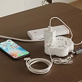 Wooden Tabletop With USB Power Strip Smartphone Charging And White Cables
