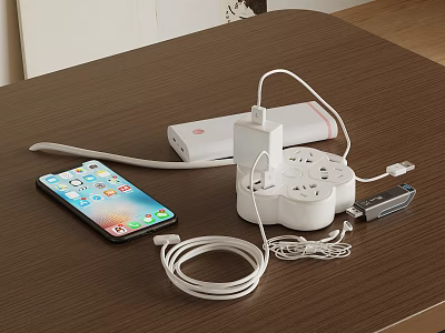 Wooden Tabletop With USB Power Strip Smartphone Charging And White Cables 3d model