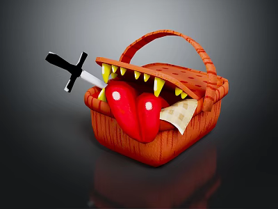 Orange Monster Shaped Storage Basket With Sharp Teeth Red Heart Black Knife Home Use 3d model