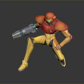 Detailed Game Movie Character With Orange Yellow Armor Holding Gun In Action Pose