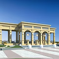 Classical Yellow Structure With Arched Doorways Lawn Stone Pavement Lamp Posts And White Spherical Decorations 3d model