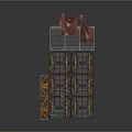 Multi Tiered Decorative Structure With Hanging Cloths Upper Platform And Grid Patterned Cabinet