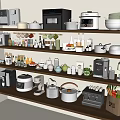 Various Kitchenware Displayed On Wooden Shelves With Coffee Makers Rice Cookers Pots And Mugs