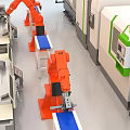 Advanced Industrial Equipment Featuring Orange Robotic Arms Automated Production Line And Blue Workbenches