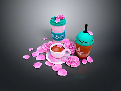 Stylish Cups With Turquoise Pink Lids And White Teacup Surrounded By Rose Petals 3d model
