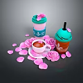 Stylish Cups With Turquoise Pink Lids And White Teacup Surrounded By Rose Petals