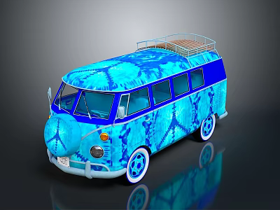 Vintage Blue Volkswagen Van With Artistic Patterns And Roof Rack Design 3d model