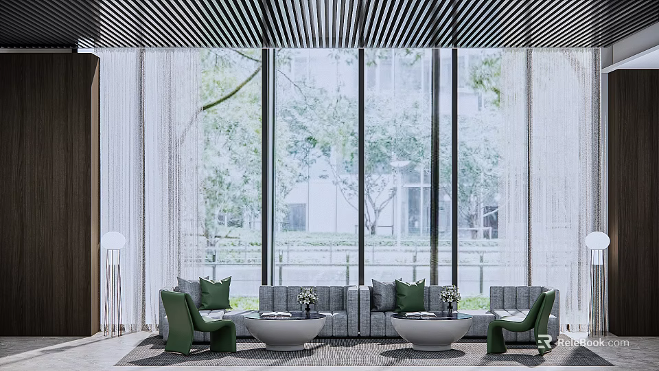 Modern Living Room With Gray Sofa Green Chairs Large Windows And Trees Outside 3d model 
