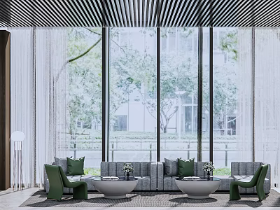 Modern Living Room With Gray Sofa Green Chairs Large Windows And Trees Outside 3d model