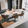 Modern Dining Table Set With Marble Top Six Beige Chairs And Wall Art