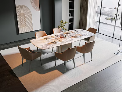 Modern Dining Table Set With Marble Top Six Beige Chairs And Wall Art 3d model
