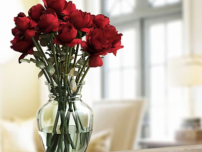 Clear Glass Vase With Fresh Red Roses In Bright Living Room Interior 3d model