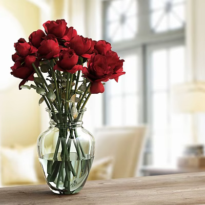 Clear Glass Vase With Fresh Red Roses In Bright Living Room Interior 3d model
