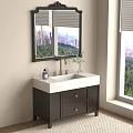 Bathroom Vanity with Dark Wood Cabinet White Countertop Gold Faucet Wall Mirror and Storage Drawers