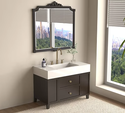 Bathroom Vanity with Dark Wood Cabinet White Countertop Gold Faucet Wall Mirror and Storage Drawers 3d model