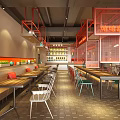 Modern Restaurant Interior Design With Orange Decor Open Layout Colorful Chairs And Greenery