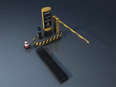 Heavy Duty Swing Gate System With Yellow Barrier Traffic Cone And Black Weighbridge 3d model