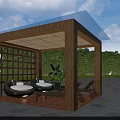 Outdoor Wooden Pergola With Blue Canopy Lattice Screens And Wicker Seats