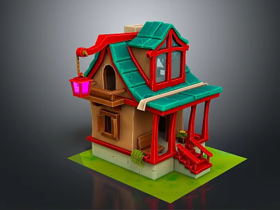 Cartoon Style House With Green Roof Red Accents And Pink Lantern On Green Grass 3d model