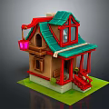Cartoon Style House With Green Roof Red Accents And Pink Lantern On Green Grass