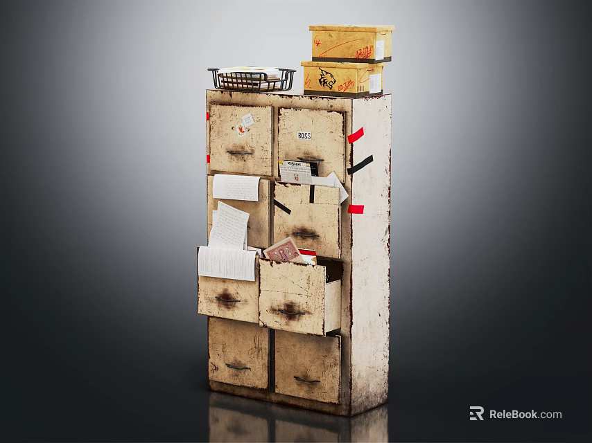 Vintage Bookcase Featuring Multiple Drawers Papers Labels And Stacked Boxes On Top 3d model 
