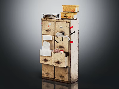 Vintage Bookcase Featuring Multiple Drawers Papers Labels And Stacked Boxes On Top 3d model