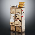 Vintage Bookcase Featuring Multiple Drawers Papers Labels And Stacked Boxes On Top