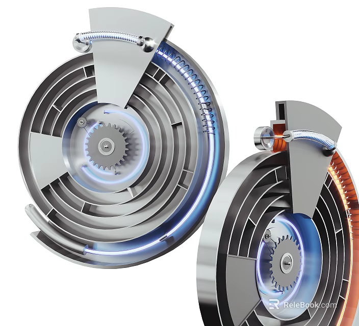 Modern Mechanical Clock With Illuminated Gears And Blue Orange Metal Rings 3d model 