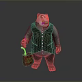 Panda Themed Game Character Wearing Brown Vest And Blue Long Sleeves Holding Red Container