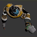 Yellow and Black Robot Character With Blue Helmet Holding Gun And Tool In Gray Background