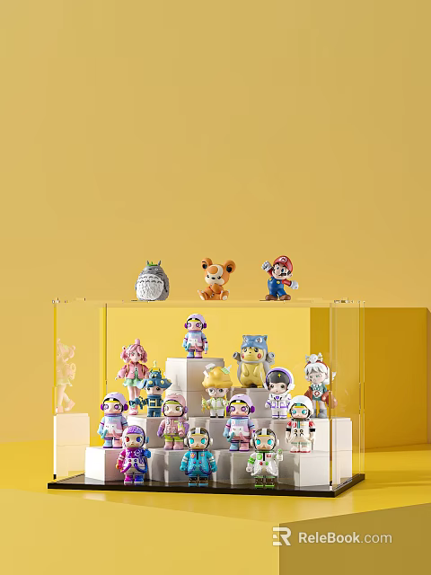 Layered Transparent Figure Display Cabinet Featuring Colorful Cartoon Figurines on Yellow Background 3d model 