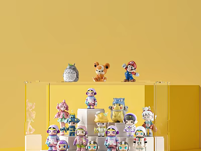 Layered Transparent Figure Display Cabinet Featuring Colorful Cartoon Figurines on Yellow Background 3d model