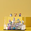Layered Transparent Figure Display Cabinet Featuring Colorful Cartoon Figurines on Yellow Background