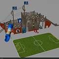 Pirate Themed Playground Equipment With Wooden Structure Blue Slide And Soccer Field Mat