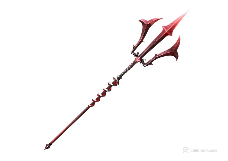 Red Trident Weapon Featuring Ornate Handle and Unique Decorative Design in Fantasy Style 3d model 