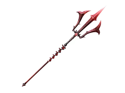 Red Trident Weapon Featuring Ornate Handle and Unique Decorative Design in Fantasy Style 3d model