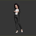 3D Model Woman Brown Hair Black Suit Standing Arms Crossed White Top Gray Background