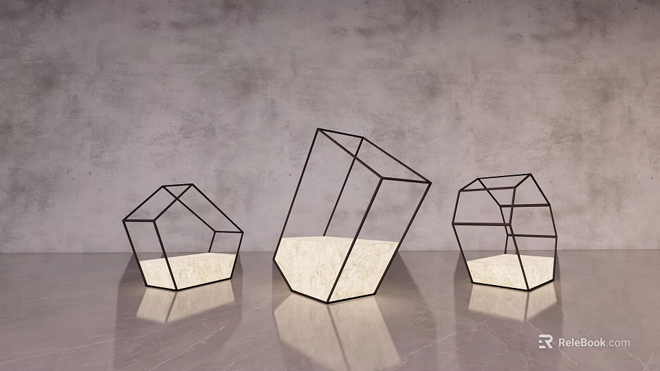 Three Modern Geometric Frame Floor Lamps With White Shade On Reflective Surface And Gray Wall 3d model 