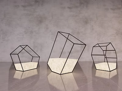 Three Modern Geometric Frame Floor Lamps With White Shade On Reflective Surface And Gray Wall 3d model