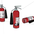 Red Fire Extinguishers With Labels Standing And Lying On White Surface