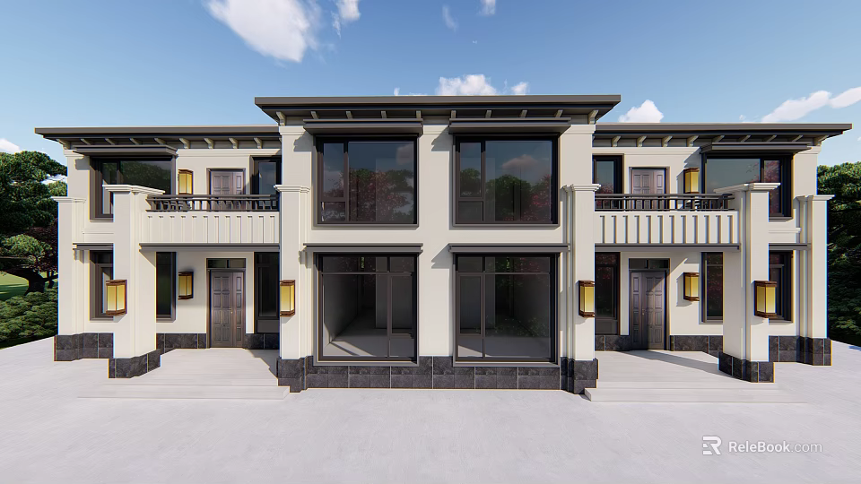 Modern Semi-detached Villa Exterior Design With Large Glass Windows Front Doors And Balconies 3d model 