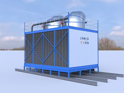 JINNAO Industrial Cooling Tower With Blue White Structure And Metal Frame Base 3d model