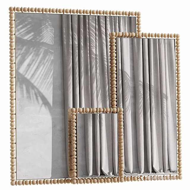 Decorative Mirrors With Beaded Frames Against Curtains And Palm Leaf Shadows 3d model 