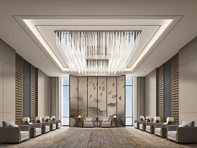 Luxurious Hotel Public Lounge Area With Crystal Chandelier Landscape Painting And Symmetrical Sofas 3d model